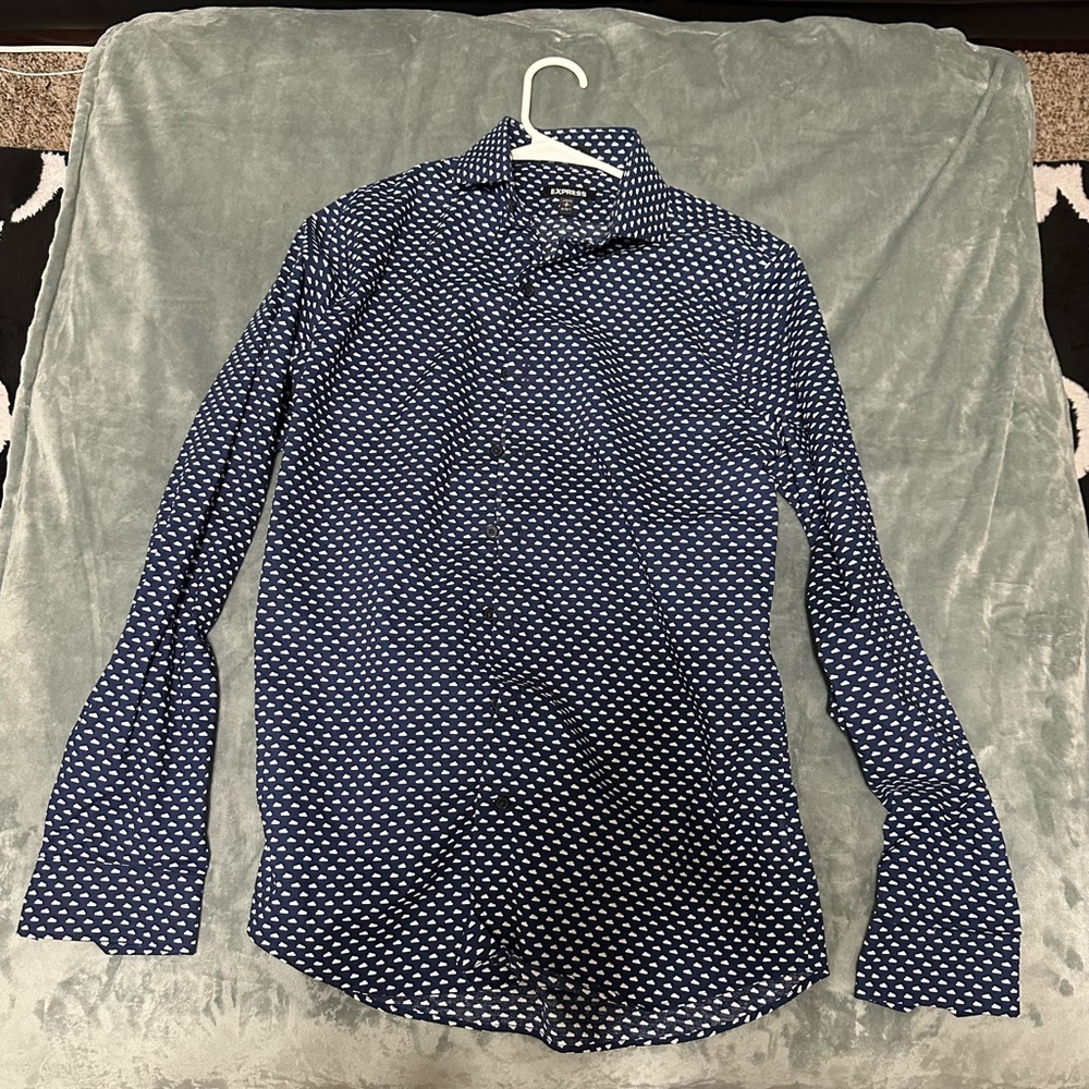 Express Men's Blue and White Patterned Shirt